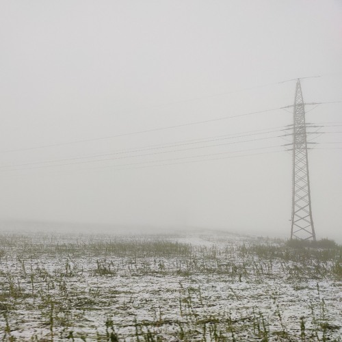 picture of a electrical pylon on a field in a dense fog